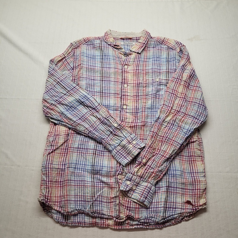 Tommy Bahama Linen Shirt Button Up Mens Large Multicolor Plaid Casual Tropical